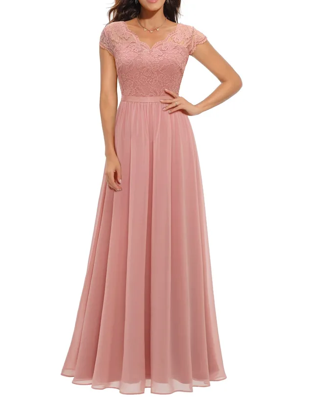 Lace Long Patchwork Waist tight Noble Dress Pink - Shop at LoveMi