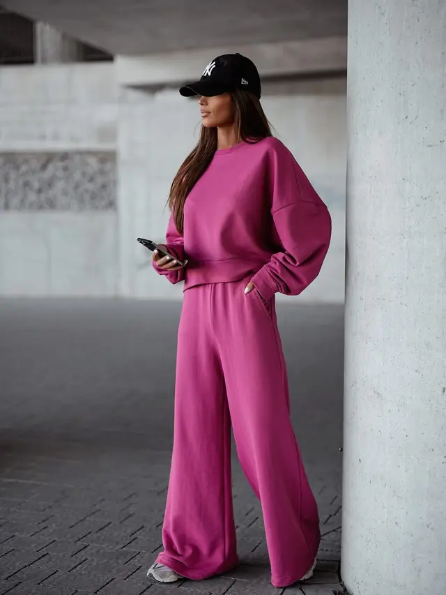 Solid Color Pullover Sweatshirt Pants Women's Suit Rose Red - Shop at LoveMi