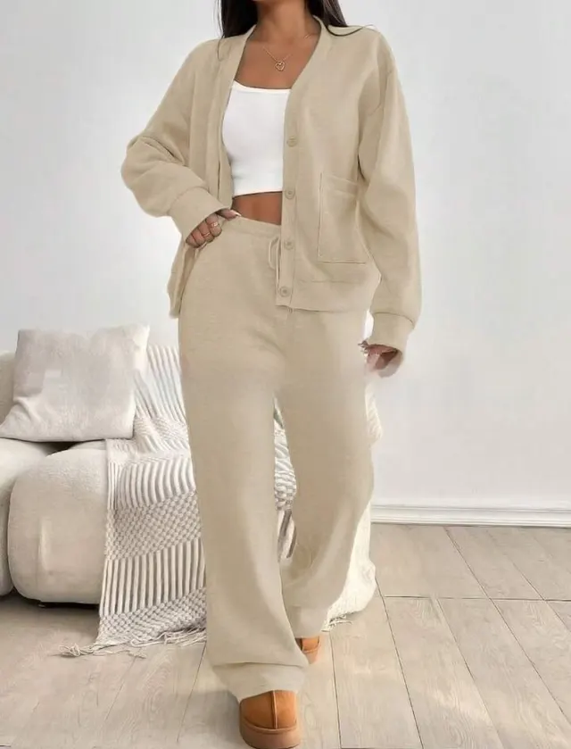 Autumn And Winter Women's Cardigan Jacket Wide Leg Pants Casual Suit Apricot - Shop at LoveMi