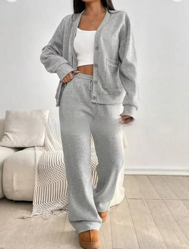 Autumn And Winter Women's Cardigan Jacket Wide Leg Pants Casual Suit Light Gray - Shop at LoveMi