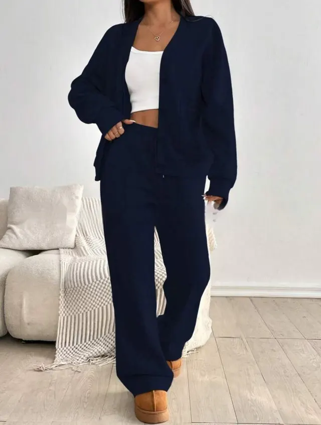 Autumn And Winter Women's Cardigan Jacket Wide Leg Pants Casual Suit Navy Blue - Shop at LoveMi
