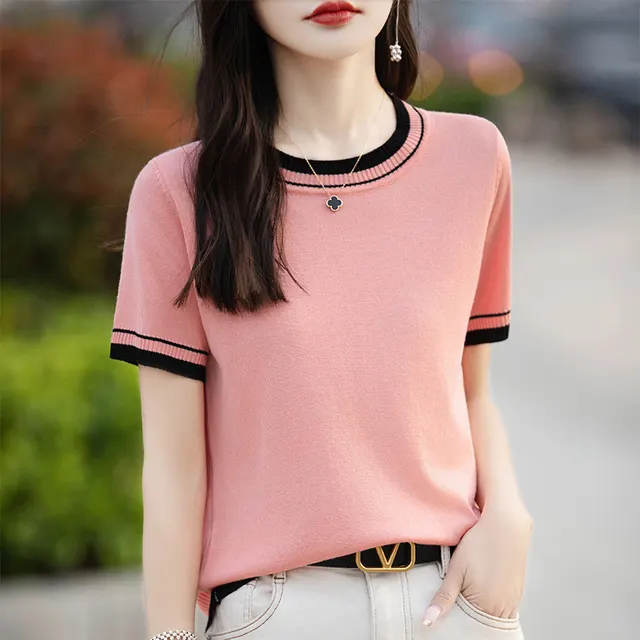 Fashion Women's Thin Color Block Basic Shirt Pink - Shop at LoveMi
