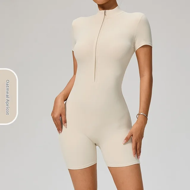Zipper Short Sleeve Yoga Jumpsuit Women's Sports Jumpsuit Oat Apricot - Shop at LoveMi