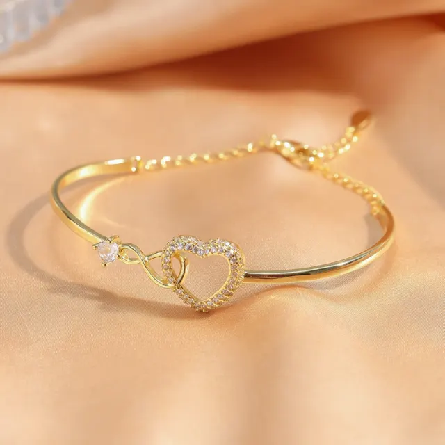 Hollow Zircon Loving Heart With Opening Bracelet Light Luxury Classic Style Bracelet For Women Gold - Shop at LoveMi