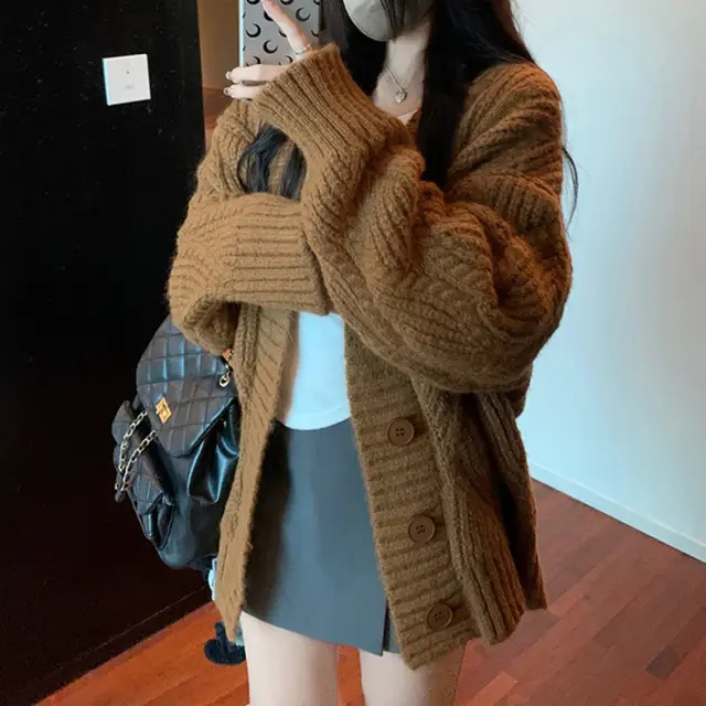 Autumn And Winter Idle Style Solid Color And V neck Long sleeved Thickened Sweater Brown - Shop at LoveMi