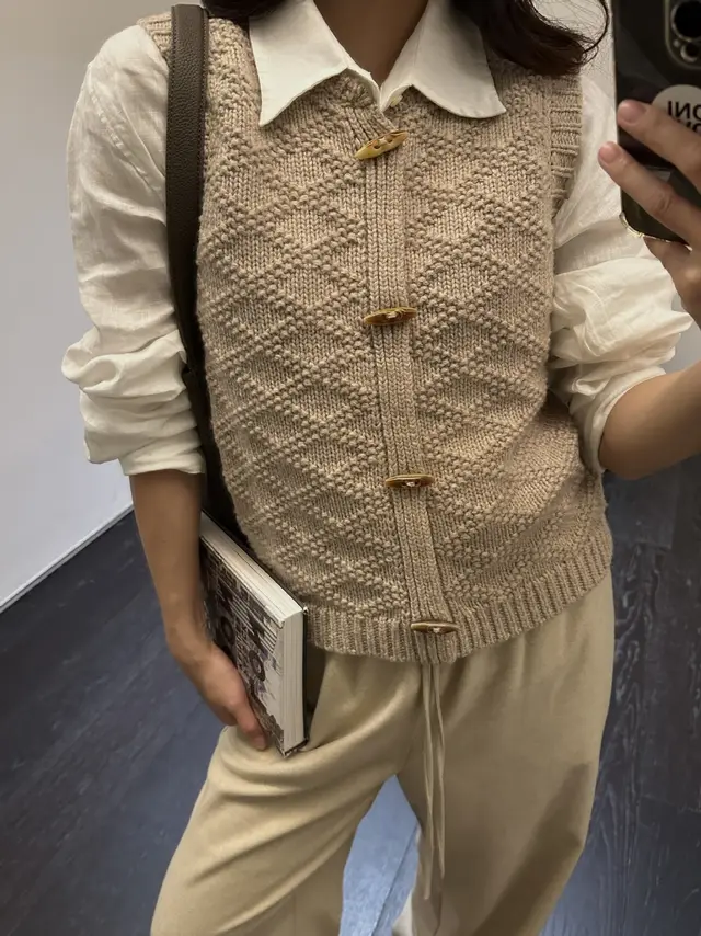 Women's Diamond Plaid Horn Button Knitted Vest Hemp Apricot - Shop at LoveMi