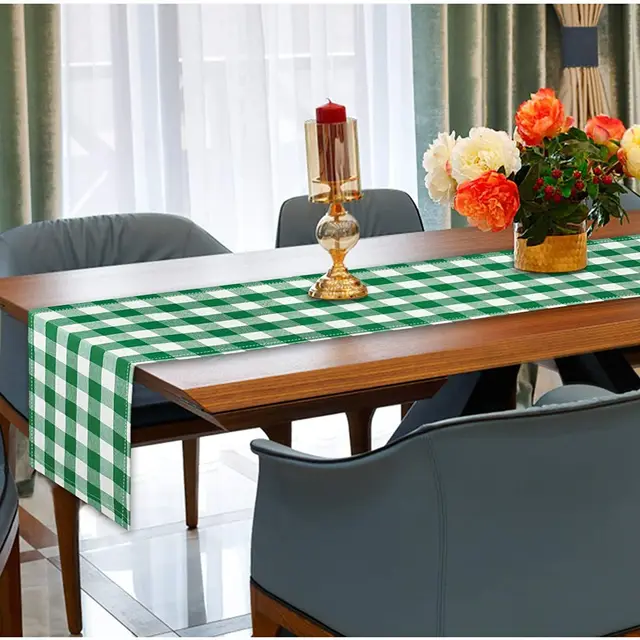 Polyester Cotton Dining Table Fabric Farmhouse Party Table Flag Green And White Plaid - Shop at LoveMi