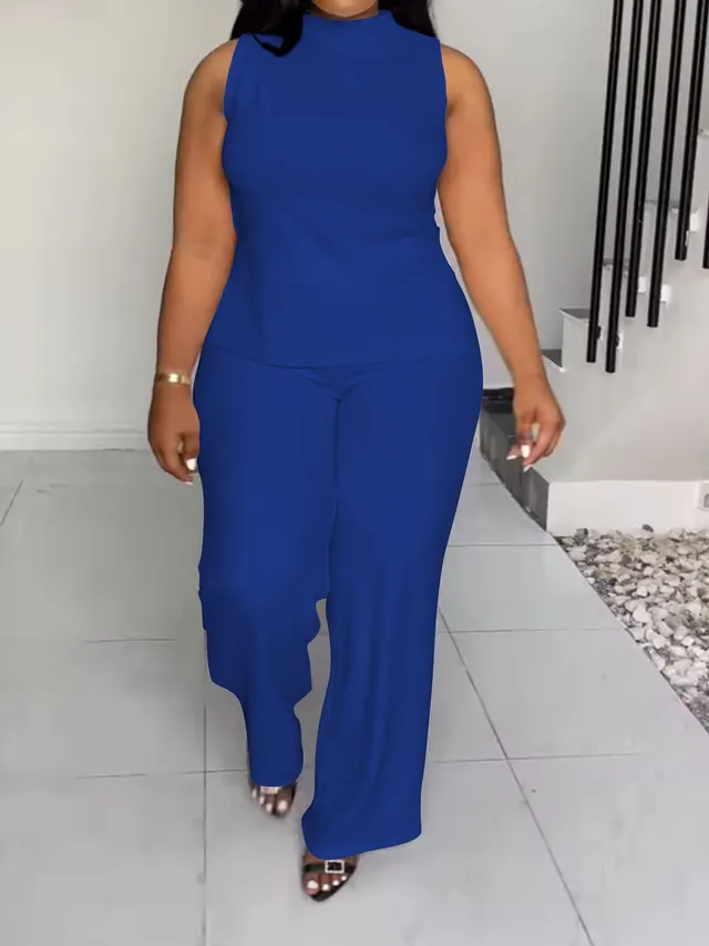 Solid Color Casual Sleeveless Trousers Suit Blue - Shop at LoveMi