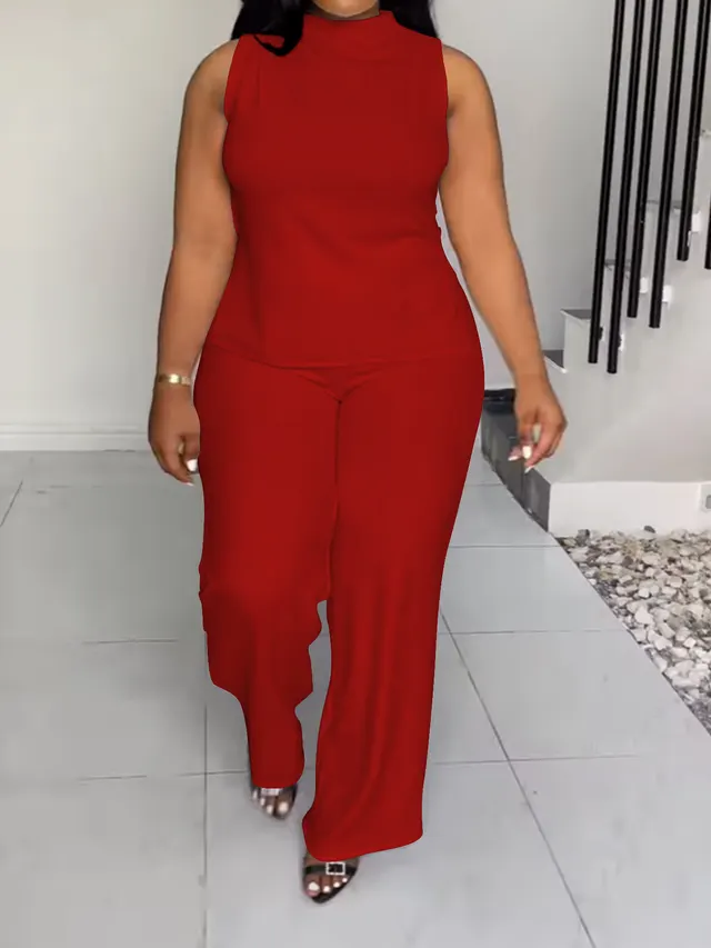 Solid Color Casual Sleeveless Trousers Suit Red - Shop at LoveMi
