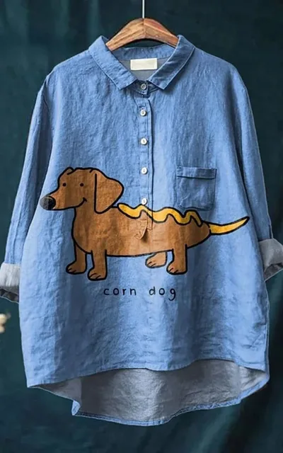 Women's Retro Fish Art Print Lapel Long Sleeve Shirt 1D759 - Shop at LoveMi
