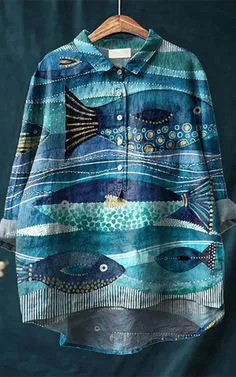Women's Retro Fish Art Print Lapel Long Sleeve Shirt 3D759 3Xl - Shop at LoveMi