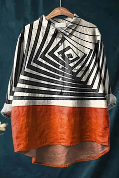 Women's Retro Fish Art Print Lapel Long Sleeve Shirt 6D759 M - Shop at LoveMi