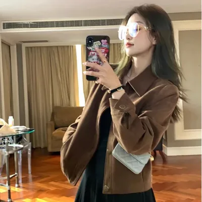 Loose Casual Retro Petite Jacket Top Coffee Color - Shop at LoveMi