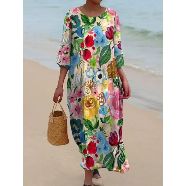 Women's Loose Casual Floral Pattern Cropped Long Sleeves Dress Qz4 Style 2 - Shop at LoveMi