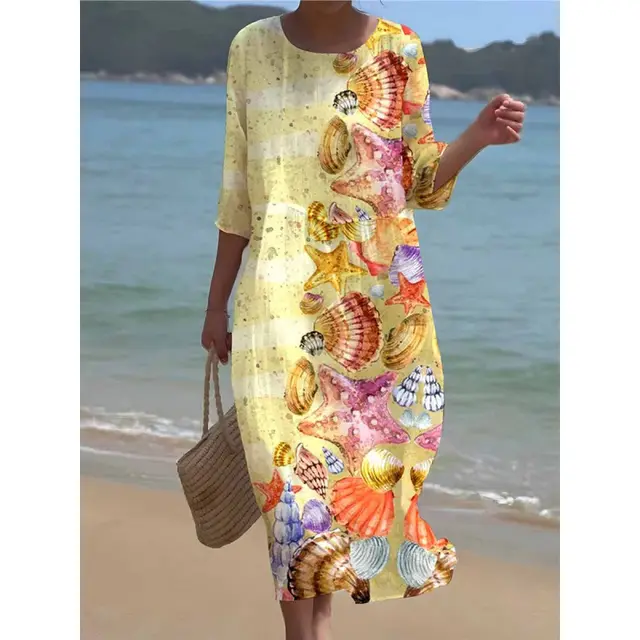 Women's Loose Casual Floral Pattern Cropped Long Sleeves Dress Qz4 Style 5 - Shop at LoveMi