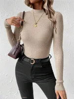 Women's Round Neck Mock Neck Sweater Knitted Pullover - Khaki