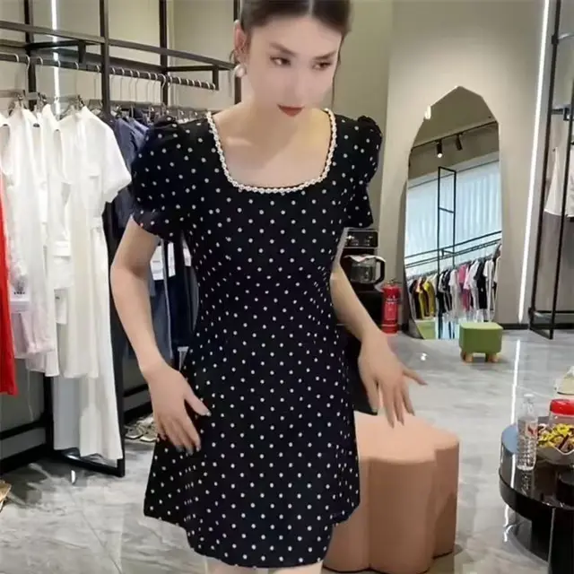 Fashionable Stylish High end Temperament Polka Dot Princess Style Dress For Women Black - Shop at LoveMi