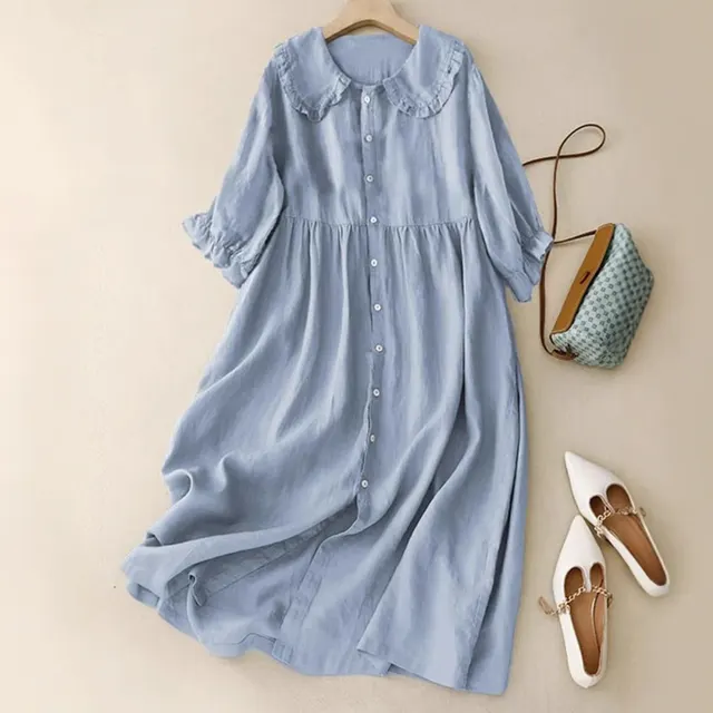 Women's Doll Collar Loose Mid length Cotton And Linen Dress Light Blue - Shop at LoveMi