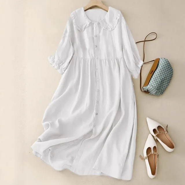 Women's Doll Collar Loose Mid length Cotton And Linen Dress White - Shop at LoveMi