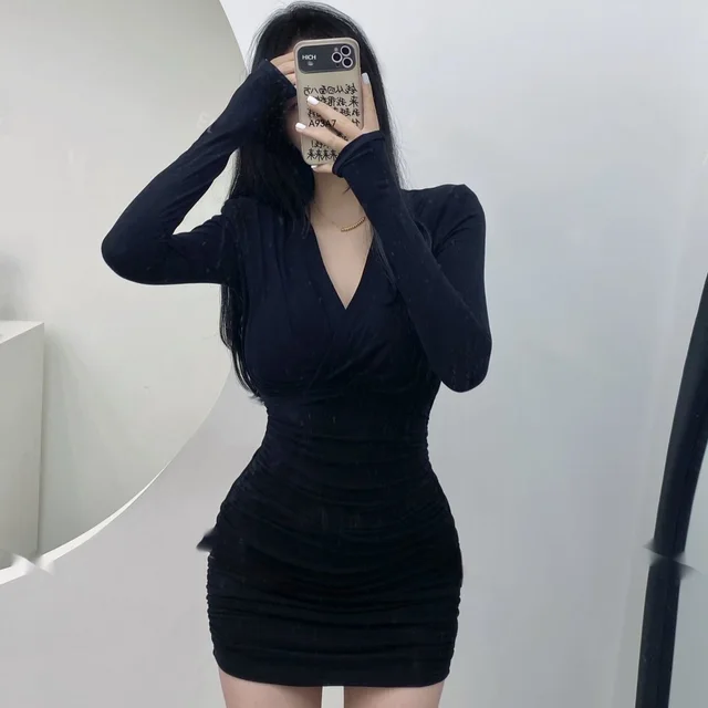 Mature Adult Lady Like Woman Style Stretch Long Sleeve Dress For Women Black - Shop at LoveMi