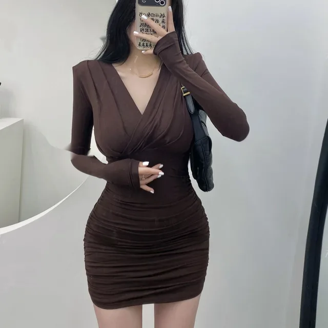 Mature Adult Lady Like Woman Style Stretch Long Sleeve Dress For Women Coffee Color - Shop at LoveMi