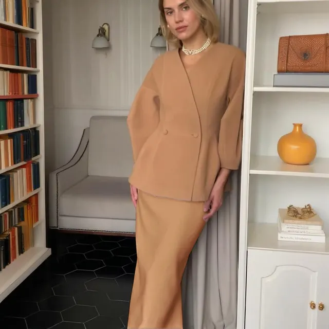 Women's Fashion Solid Color Buttons Puff Sleeve Skirt Dress Suit Camel - Shop at LoveMi