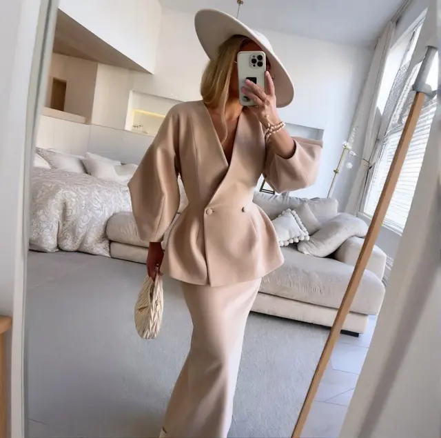 Women's Fashion Solid Color Buttons Puff Sleeve Skirt Dress Suit Light Color - Shop at LoveMi