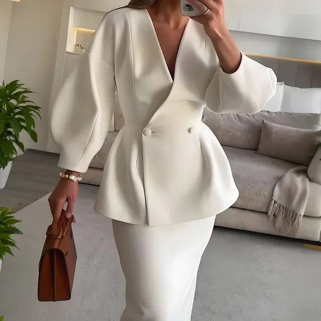 Women's Fashion Solid Color Buttons Puff Sleeve Skirt Dress Suit Milky White - Shop at LoveMi