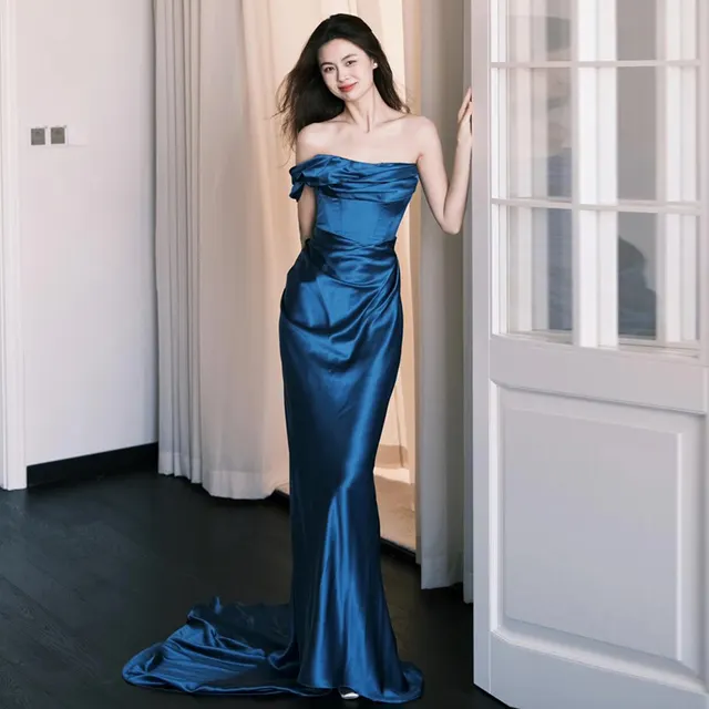 Light Luxury Minority High end Temperament Banquet Blue Evening Dress For Women Blue - Shop at LoveMi