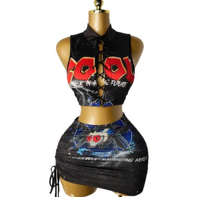 Women's Halter Strap Fashion Print Top Skirt Outfit Black - Shop at LoveMi