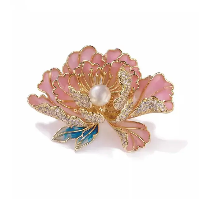 High end Women's Exquisite Chinese style Pearl Ornament Peony Brooch Pink Court Peony - Shop at LoveMi