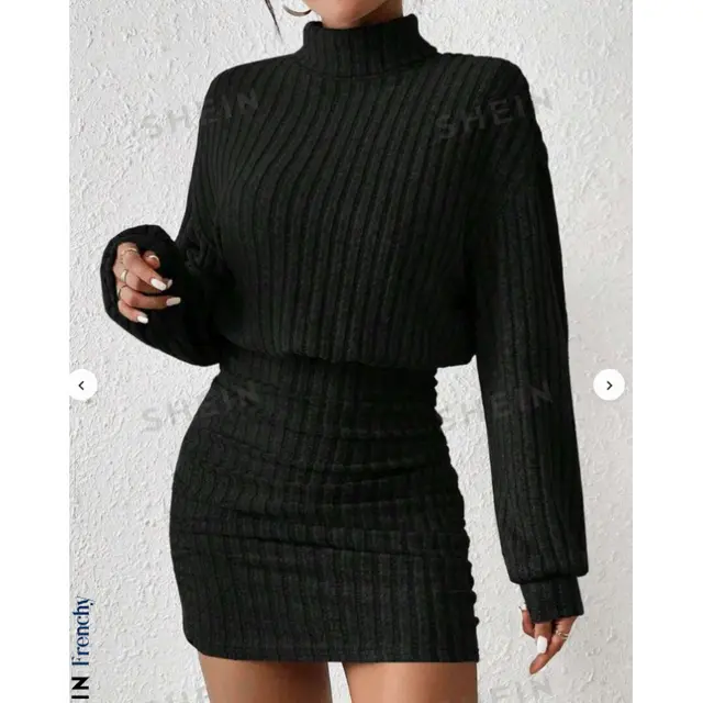 Sunken Stripe Turtleneck Sheath Long Sleeve Dress Black - Shop at LoveMi