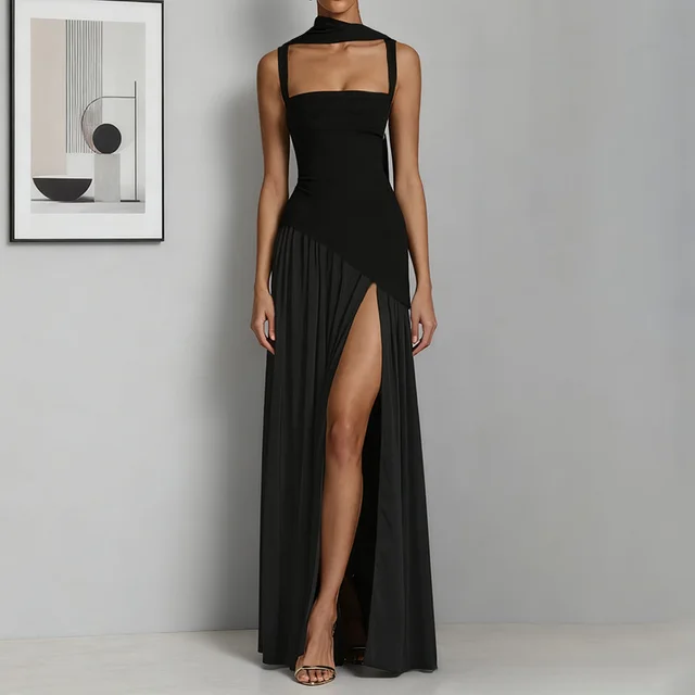 Socialite Style Elegant Sexy Slim Fit Slit Ribbon Dress Black - Shop at LoveMi