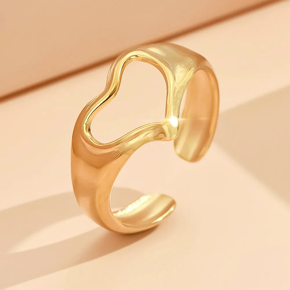 Hollow Out Heart shaped Open Ring Female Adjustable Heart shaped Stainless Steel J03172 Gold - Shop at LoveMi
