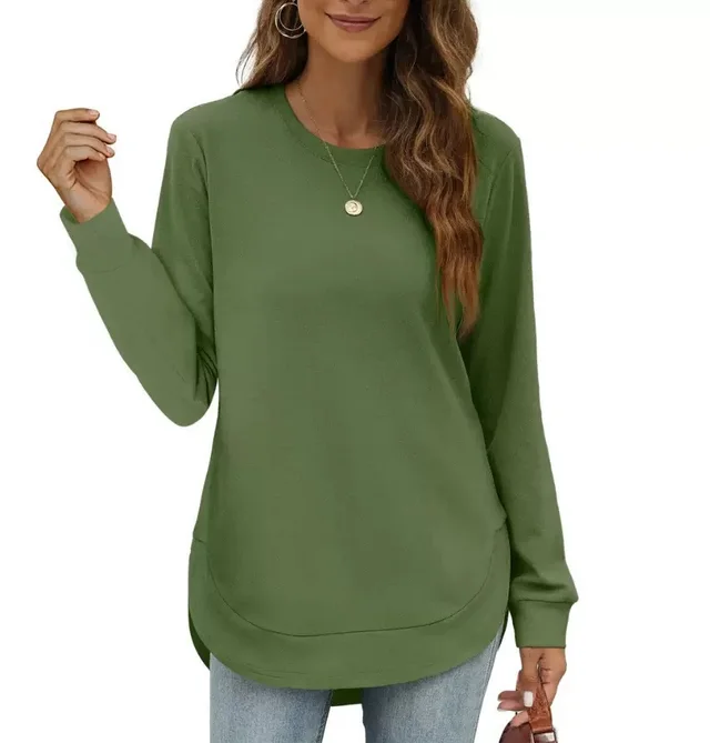 Round Neck Irregular Hem Long Sleeve Loose Casual Women's Blouse Army Green - Shop at LoveMi