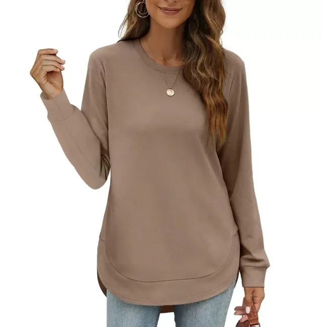 Round Neck Irregular Hem Long Sleeve Loose Casual Women's Blouse Camel - Shop at LoveMi