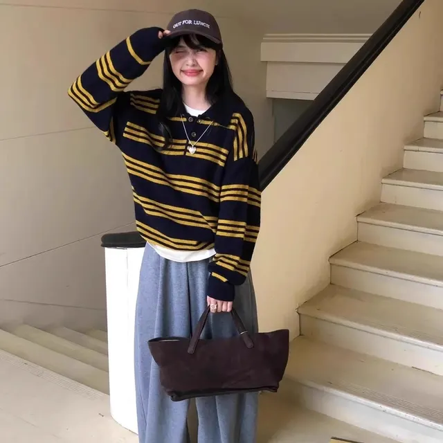 Loose And Lazy Style Soft Glutinous Knitted Sweater Top Lapel Sweater Yellow - Shop at LoveMi