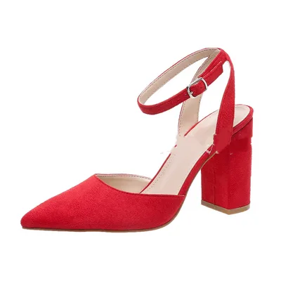 Women's Large Size Hollow Pointed Chunky Heel High Heels Red - Shop at LoveMi