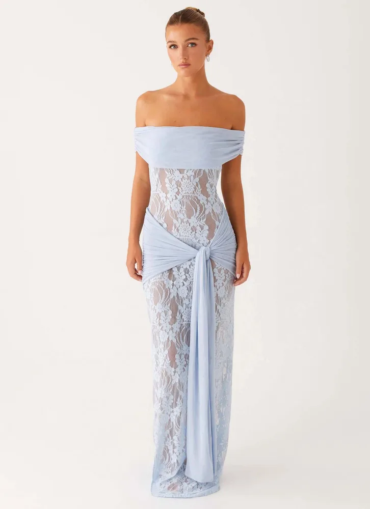 Sexy Lace Cutout See through Ribbon Sheath Dress Blue - Shop at LoveMi