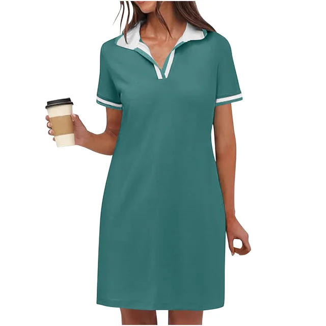 Women's Pure Short Sleeve V neck Casual Dress Emerald - Shop at LoveMi