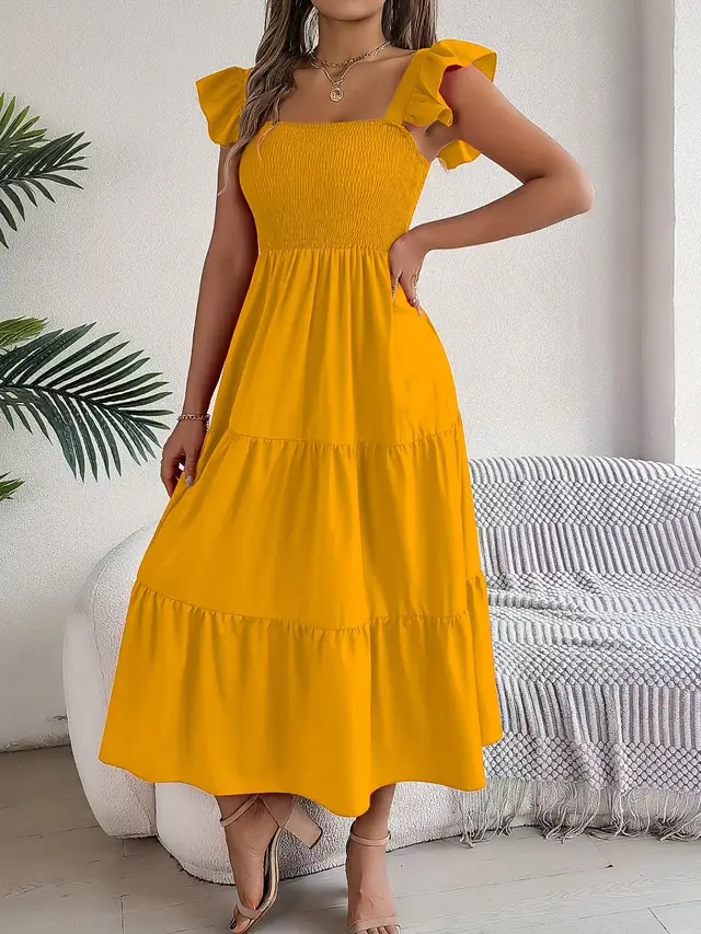 Women's Bubble Sleeve Temperament Multi layer Tiered Dress Orange - Shop at LoveMi