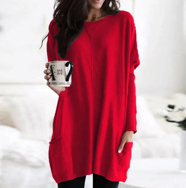 European And American Autumn Long Sleeve Casual Pocket T shirt Top Women's Clothing Red - Shop at LoveMi