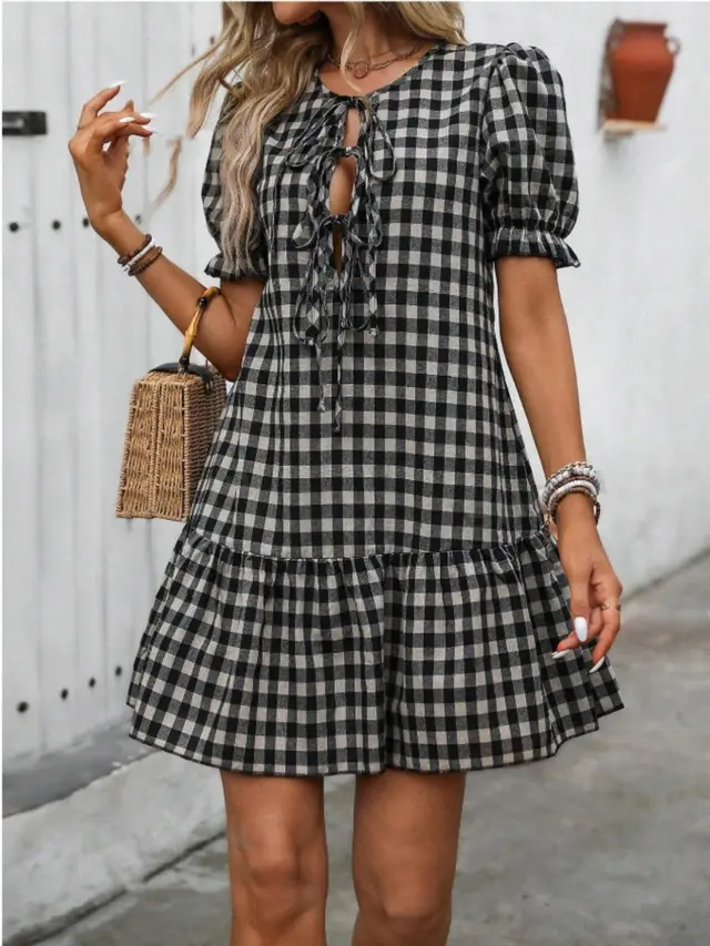 Plaid Drawstring Puff Sleeve Bohemian Dress Black - Shop at LoveMi