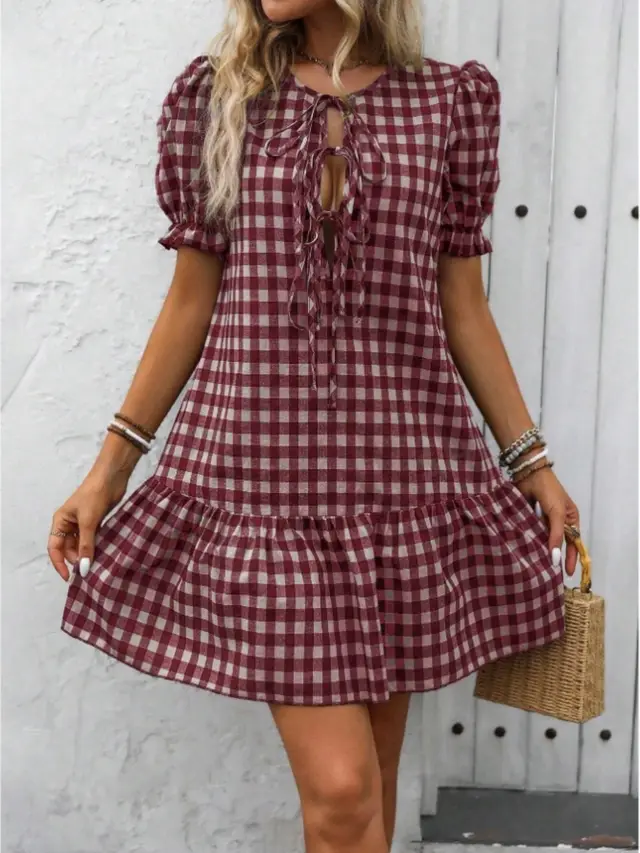 Plaid Drawstring Puff Sleeve Bohemian Dress Rouge Color - Shop at LoveMi