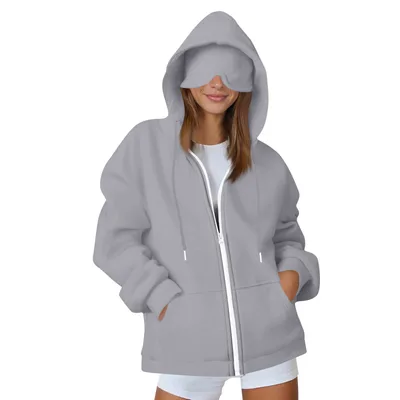 European And American Solid Color Women's Autumn And Winter Hooded Cardigan Zipper Sweater With Eye Mask Light Gray - Shop at LoveMi