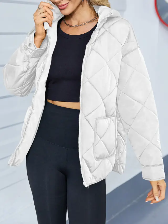 European And American Solid Color Fashion Diamond Lattice Large Pocket Split Cotton Jacket White - Shop at LoveMi