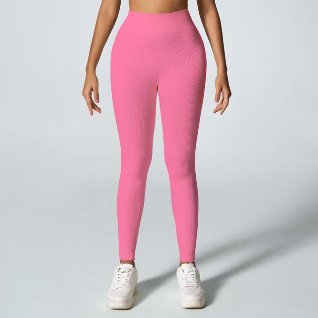 Threaded Seamless Yoga Stretch Tight Fitness Outdoor Breathable Sports Trousers Pink - Shop at LoveMi