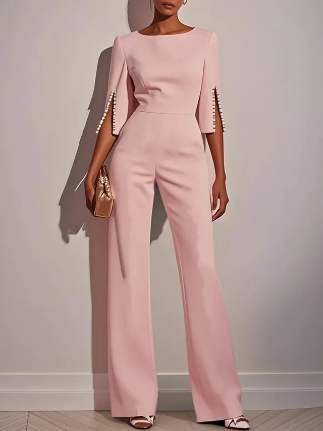 Solid Color Beading Decorative Slim Fit Bodysuit Women's Clothing Pink - Shop at LoveMi