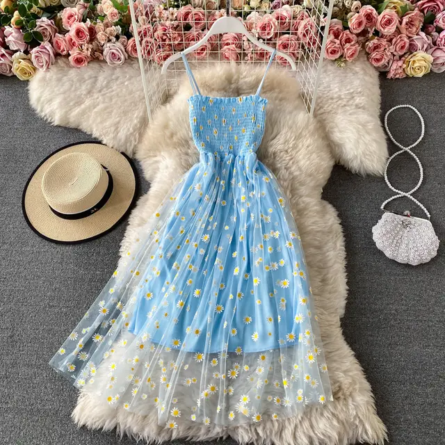 Women's Casual Sling Floral Skirt French Dress Lake Blue - Shop at LoveMi