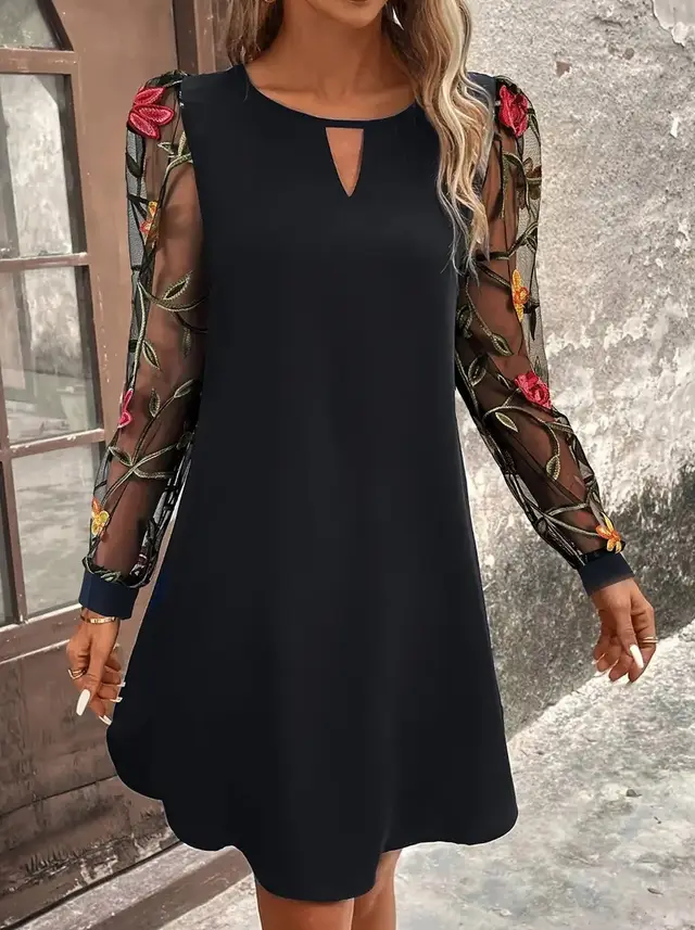 Women's Round Neck Lace Long Sleeve Dress Black - Shop at LoveMi